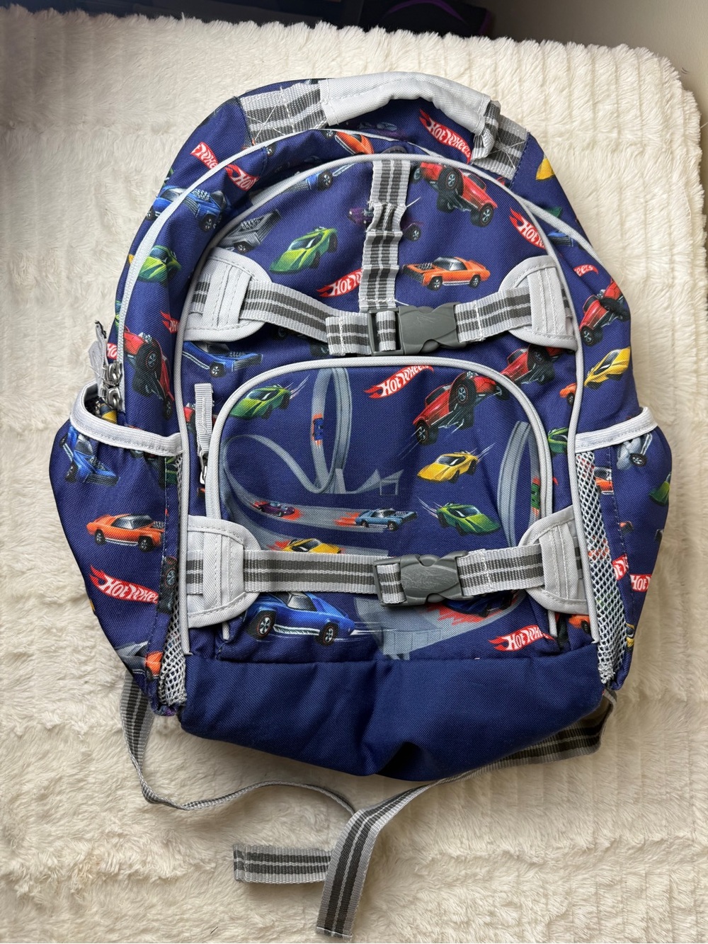 Pottery Barn Kids Navy Blue Backpack with Colorful Race Car Prints
